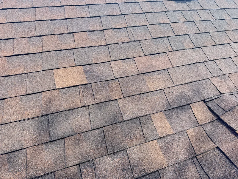 Close view of overlapping brown architectural shingles